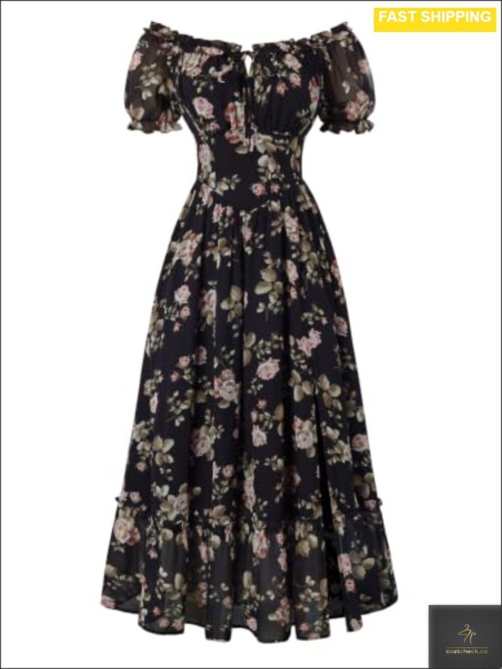 Floral Corset Midi Dress Puff Sleeve Cottagecore Summer A-Line